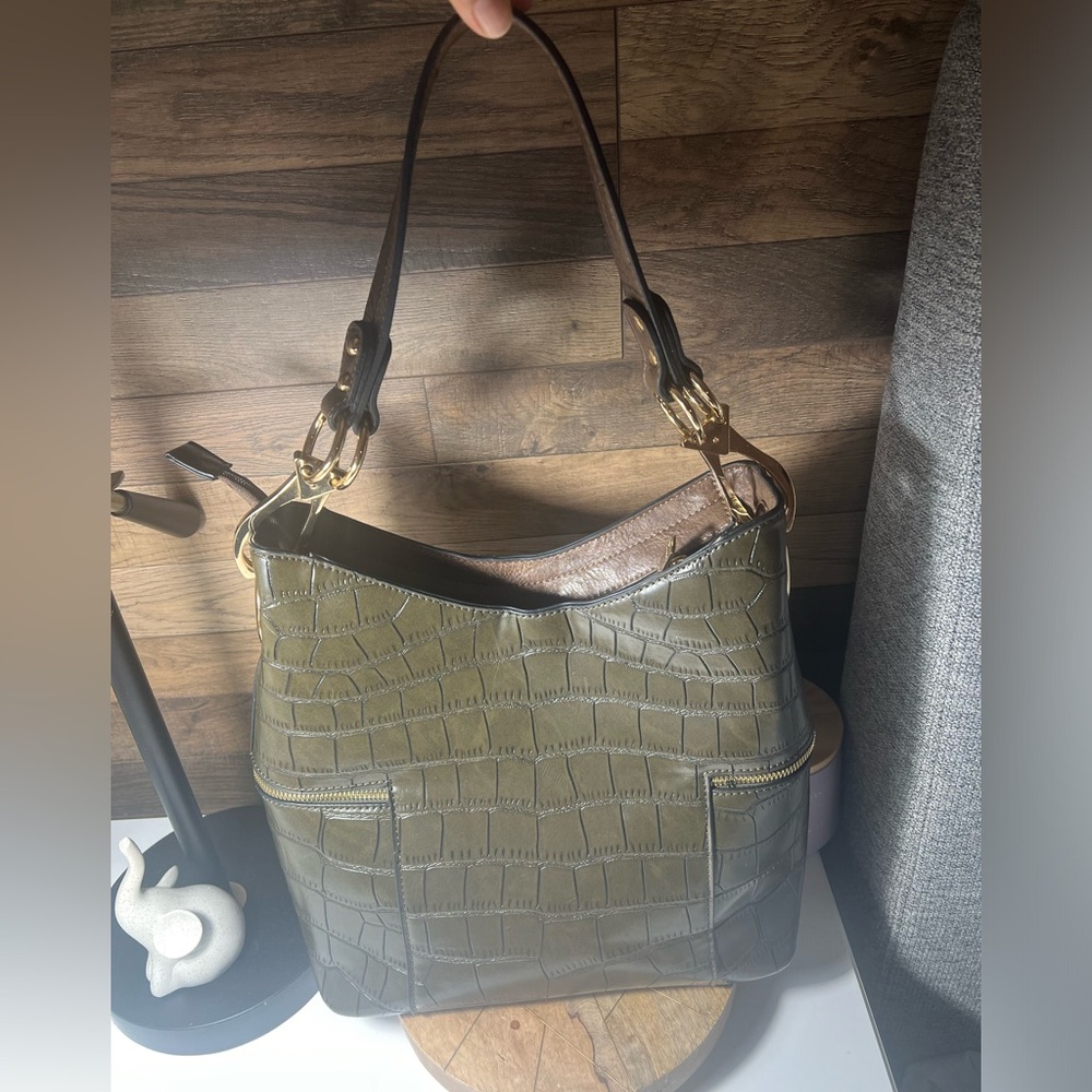 Olive Green Croc-Embossed Shoulder Bag